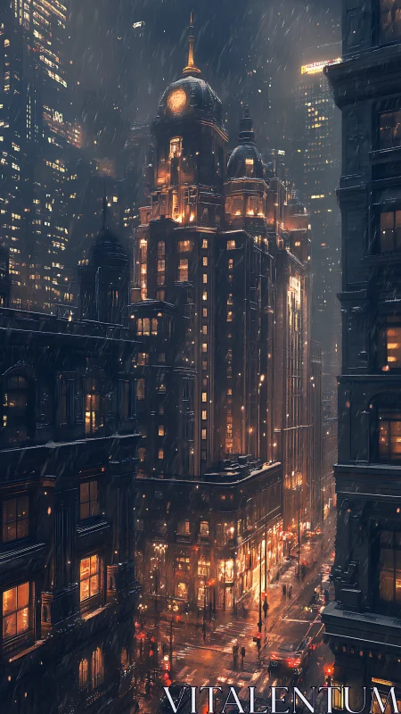 Snowy night city street with glowing clocktower and traffic.