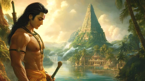 Mythic warrior beside riverine temple city at golden sunrise