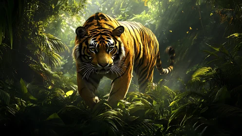 Photorealistic tiger portrait in dense tropical understory lighting.