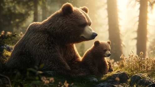 Mother bear and cub rest in a softly glowing forest clearing