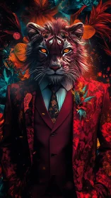 Regal lion in crimson floral suit under neon foliage.