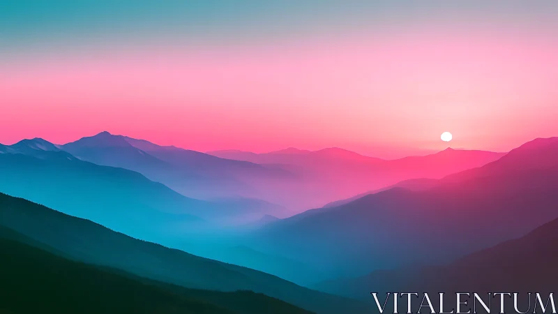 Layered mountain landscape under pink and cyan sky.