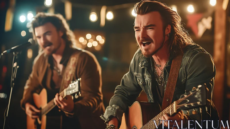 Country duo performing acoustic guitars under warm stage lights