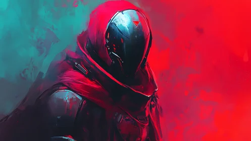 Hooded sci fi warrior stands in neon red and cyan haze