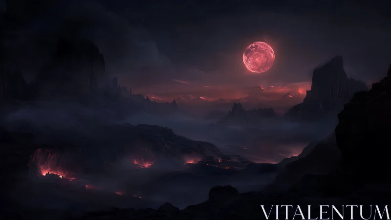 Crimson moon glows over a misty volcanic wasteland