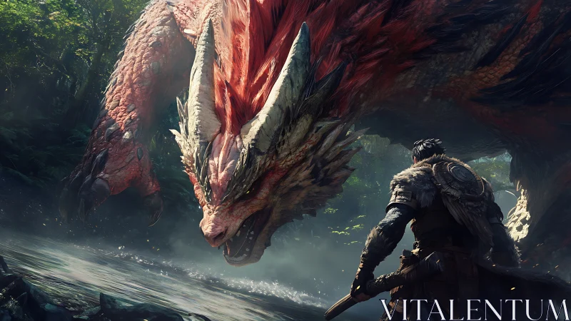Hunter confronts massive crimson dragon in jungle stream.