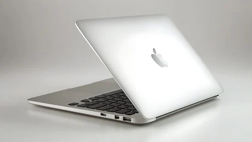 Sleek silver laptop in side profile on neutral studio surface.