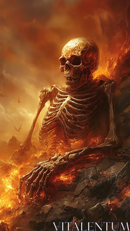 Gigantic skeletal figure in molten rocky infernal landscape.