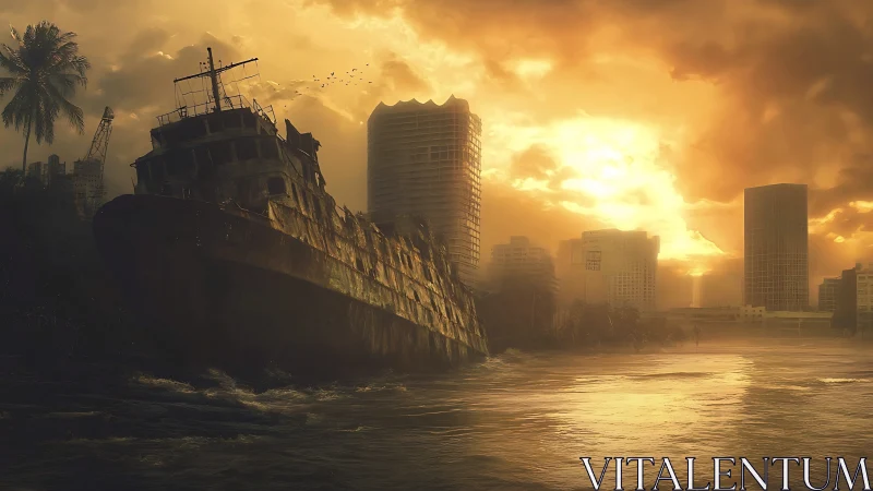 Derelict freighter before a drowned, sunlit city skyline.