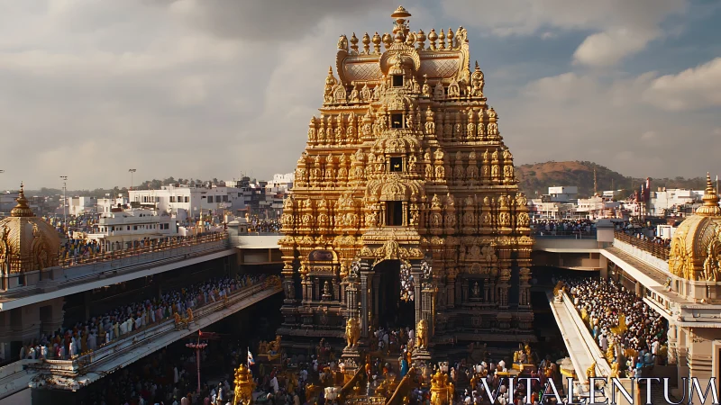 Gilded temple tower glows above a river of pilgrims below.