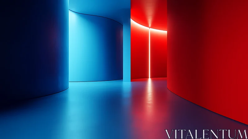 Minimal curved hallway in blue and red light contrast.