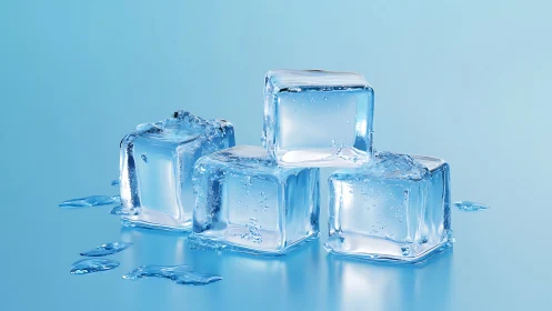 Crystal ice cubes glisten on cool blue surface in studio.