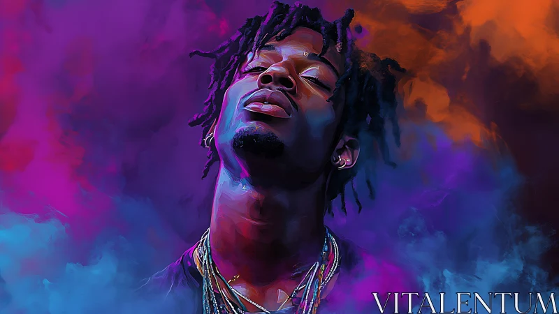 Vibrant digital portrait of man in neon vapor clouds.