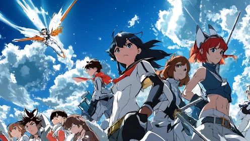 Heroic anime squad under dynamic skies with soaring mecha angel.