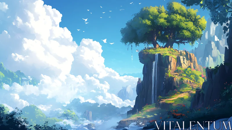 Floating Island Ecosystem with Cascading Waterfall in Atmospheric Perspective Rendering