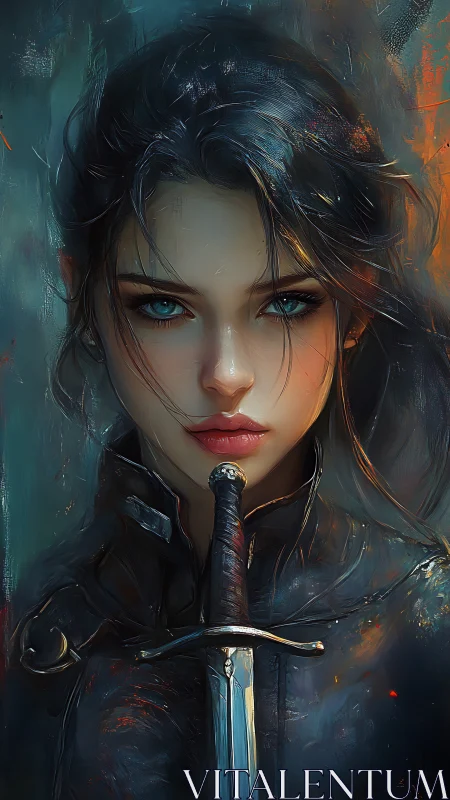 Warrior woman portrait with sword and intense teal eyes.