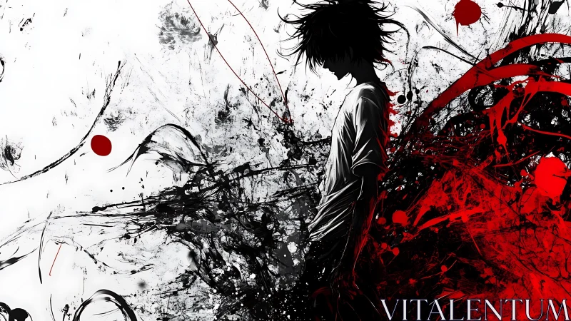 Silhouetted anime figure emerges from chaotic red shadows.