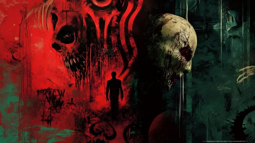 Skeletal forms and lone figure in red and green void.