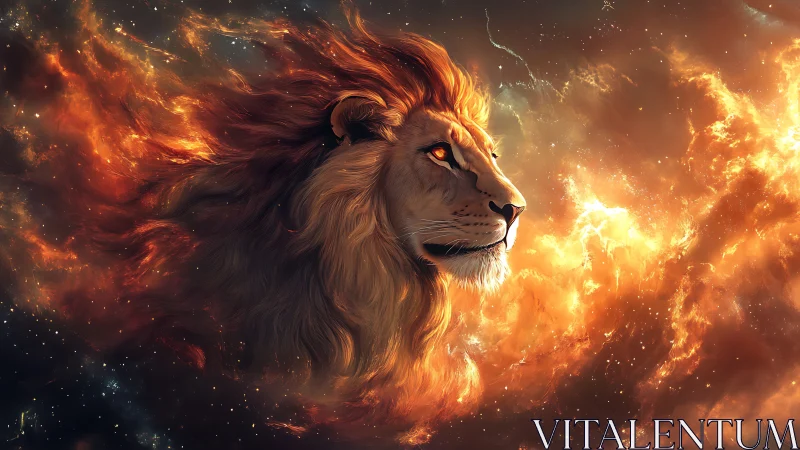 Majestic lion head emerging from fiery cosmic nebula.