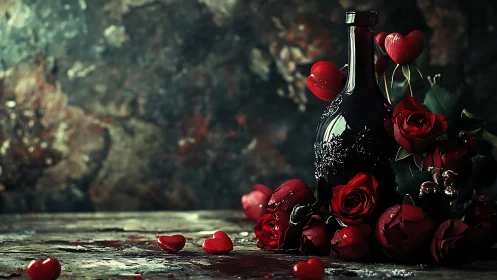 Dark wine bottle arranged with red roses and heart decorations