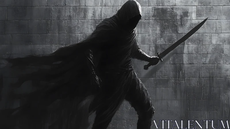 Hooded shadow assassin poised with sword against stone wall.