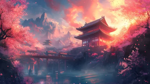 Temple stands over river amid glowing pink cherry blossoms