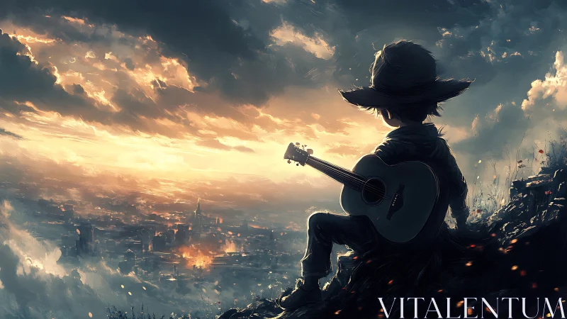 Backlit child guitarist silhouettes city under turbulent sunset sky