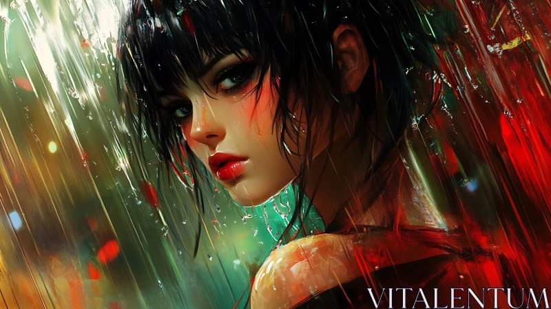Chromatic rain portrait with high-saturation anime rendering.