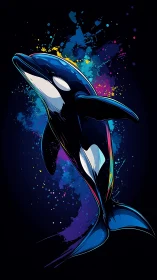 Neon orca pirouette amid cosmic paint-splash galaxies.