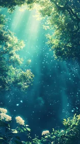 Sunlit forest canopy frames glowing particles in air