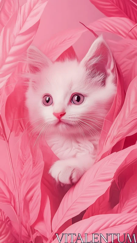 White Cat with Pink Eyes in Feathered Pink Environment.