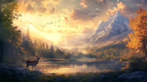 Deer by reflective lake under sunlit autumn mountains.