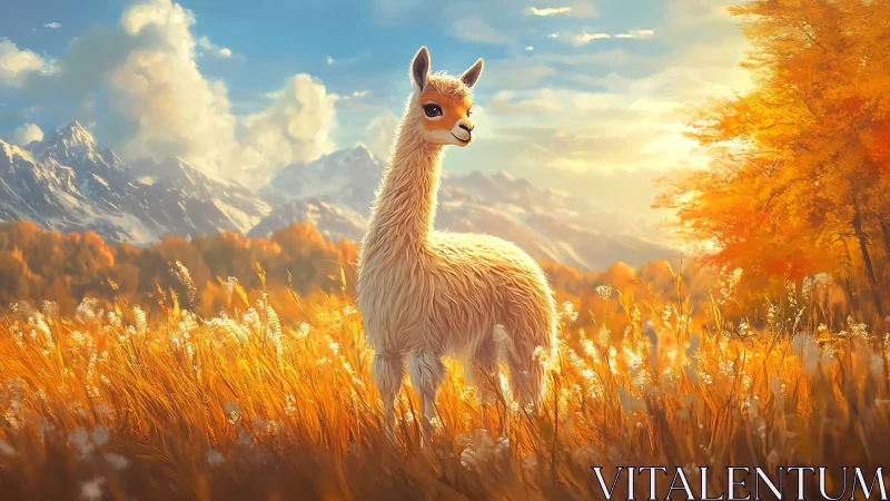Llama standing in golden autumn field with mountain backdrop.