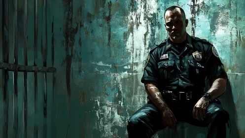 Police officer seated in worn teal holding cell interior.
