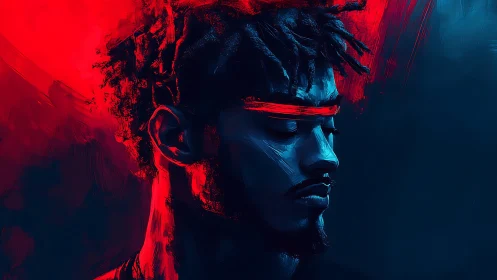 Neon-lit portrait captures serene strength in bold contrast.