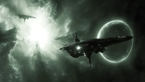 Massive alien starships near bright nebula and planet.