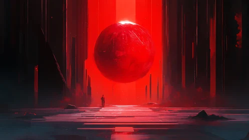 Monolithic corridor framing glowing red levitating sphere.