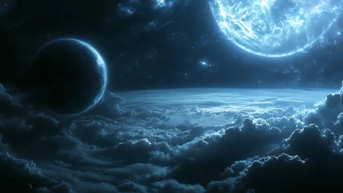 Moonlit clouds drifting beneath distant alien worlds.