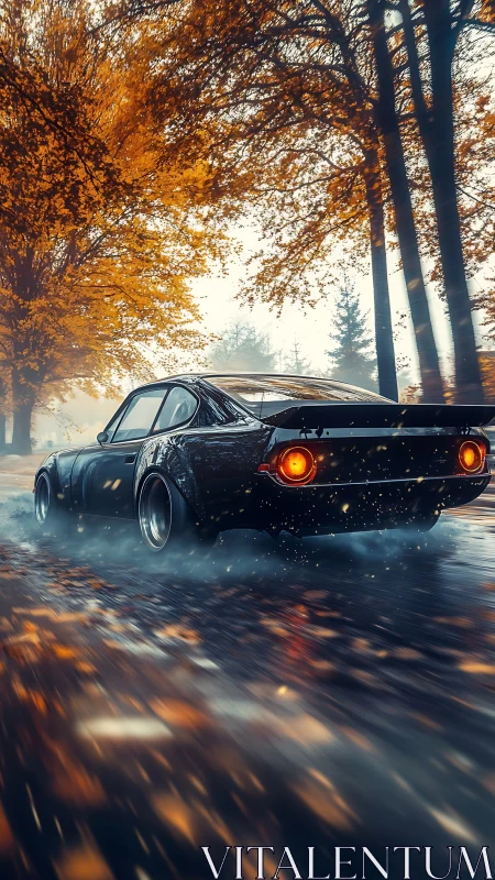Classic sports car speeding through wet autumn forest road.