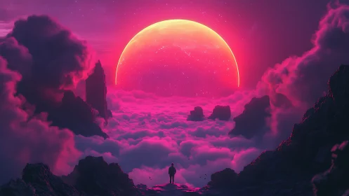 Neon sun rises above dreamlike alien cloudscape horizon.