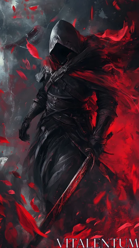 Hooded shadow warrior strides through swirling crimson fury.