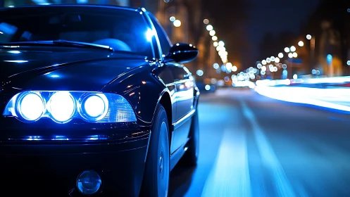 Black sedan with blue headlights driving fast at night
