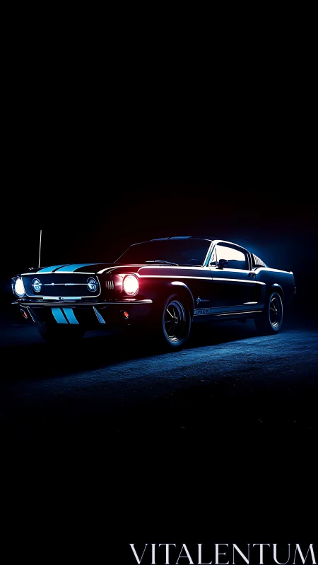 Photorealistic low-key studio portrait of classic muscle car.