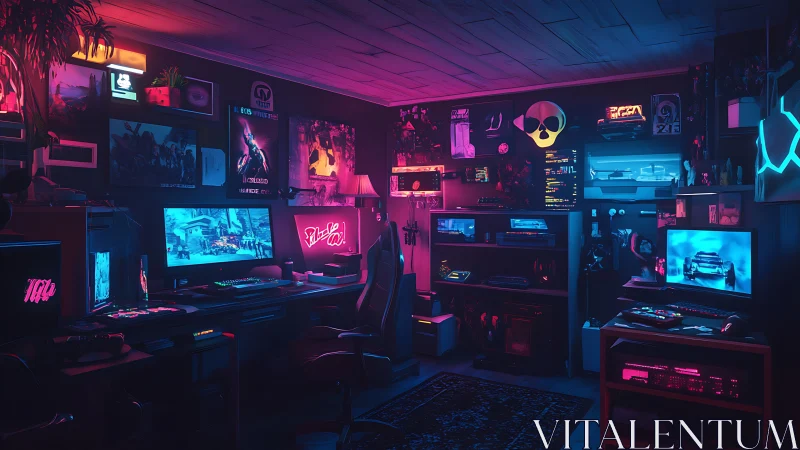 Neon-lit gaming command center with multi-screen setup.