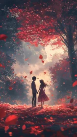 Two Figures Standing Under Red Foliage Canopy