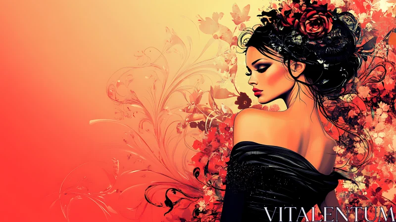 Floral grace unfolds around a poised woman in red light