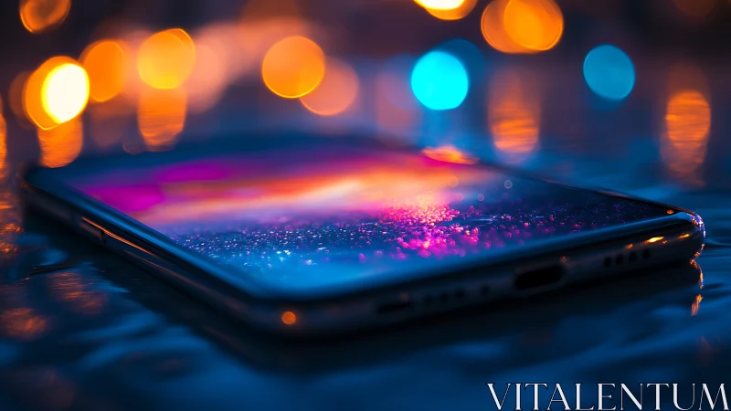 Glistening smartphone glows softly in dreamy city lights