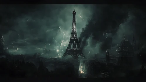 Stormlit Eiffel Tower rises over a moody, fogbound Paris