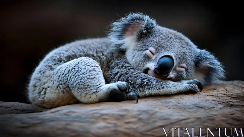 Sleeping koala resting on rock in natural close-up view.