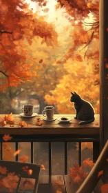Black Cat's Quiet Moment with Autumn Tea by the Window.